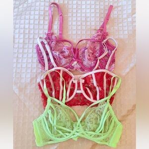 Bundle of Three Lace Underwire Bras Pink, Red, and Neon Yellow